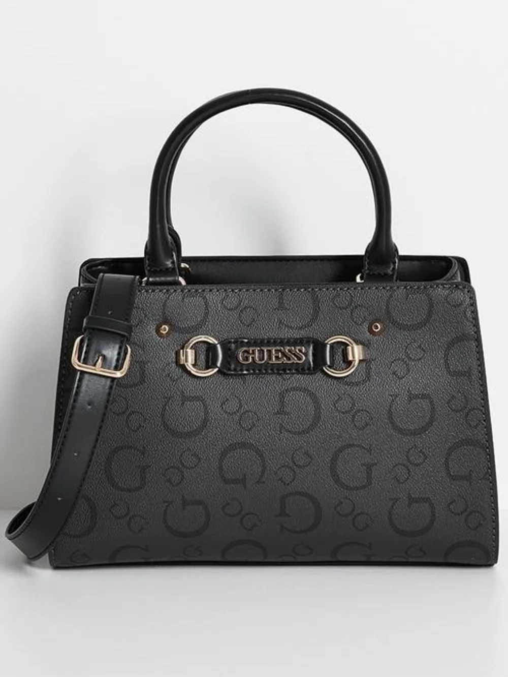 Guess Black Logo Satchel with Gold Accents